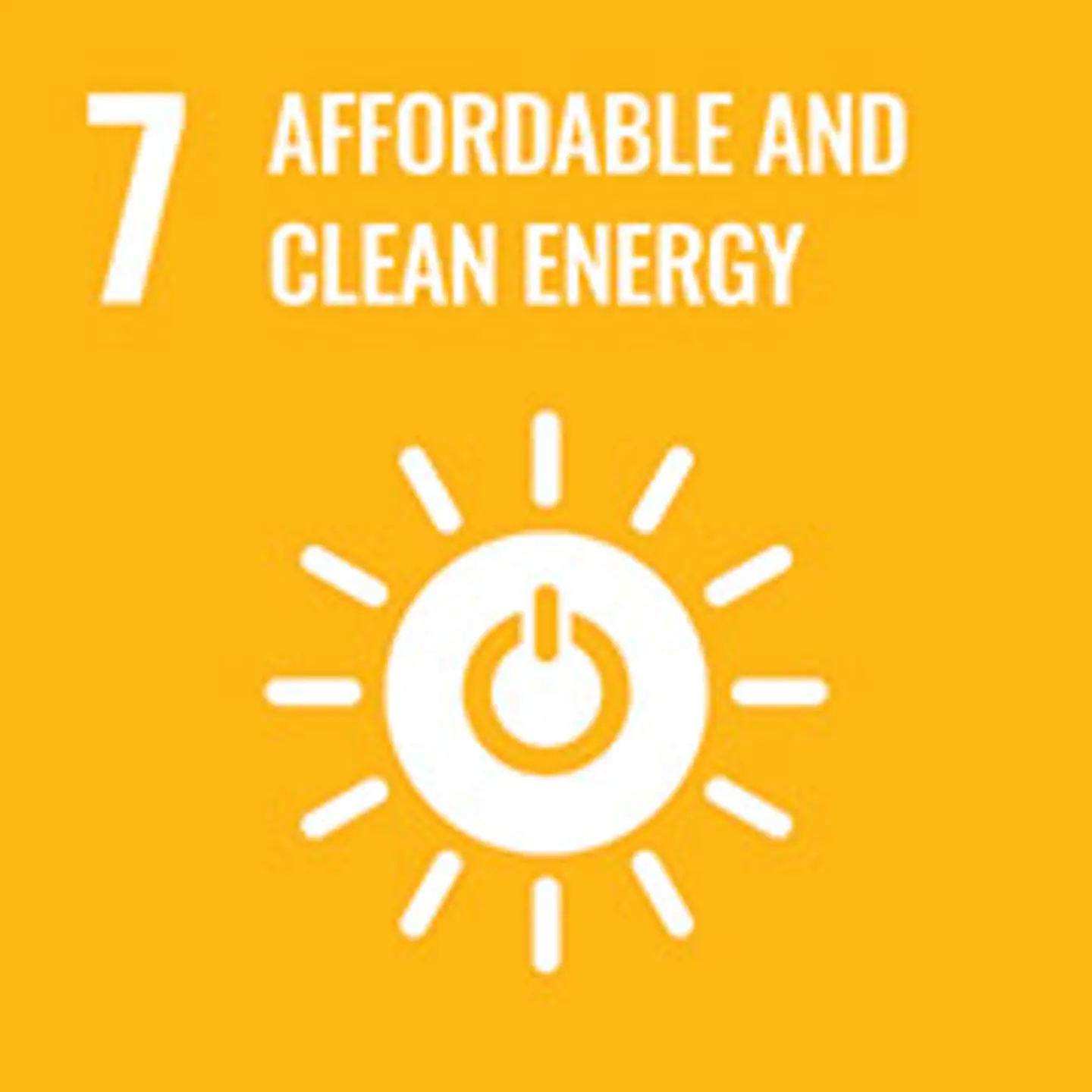 On a yellow background, the number 7 in white in the top left corner, the text "affordable and clean energy" beside, below a illustrated sun with the icon for power button in the middle