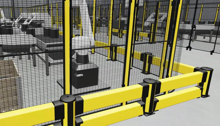 Detailed view in the digital showroom Axelent Xperience showing how Axelent's X-Guard mesh panels and X-Protect impact protection safeguards automated robots