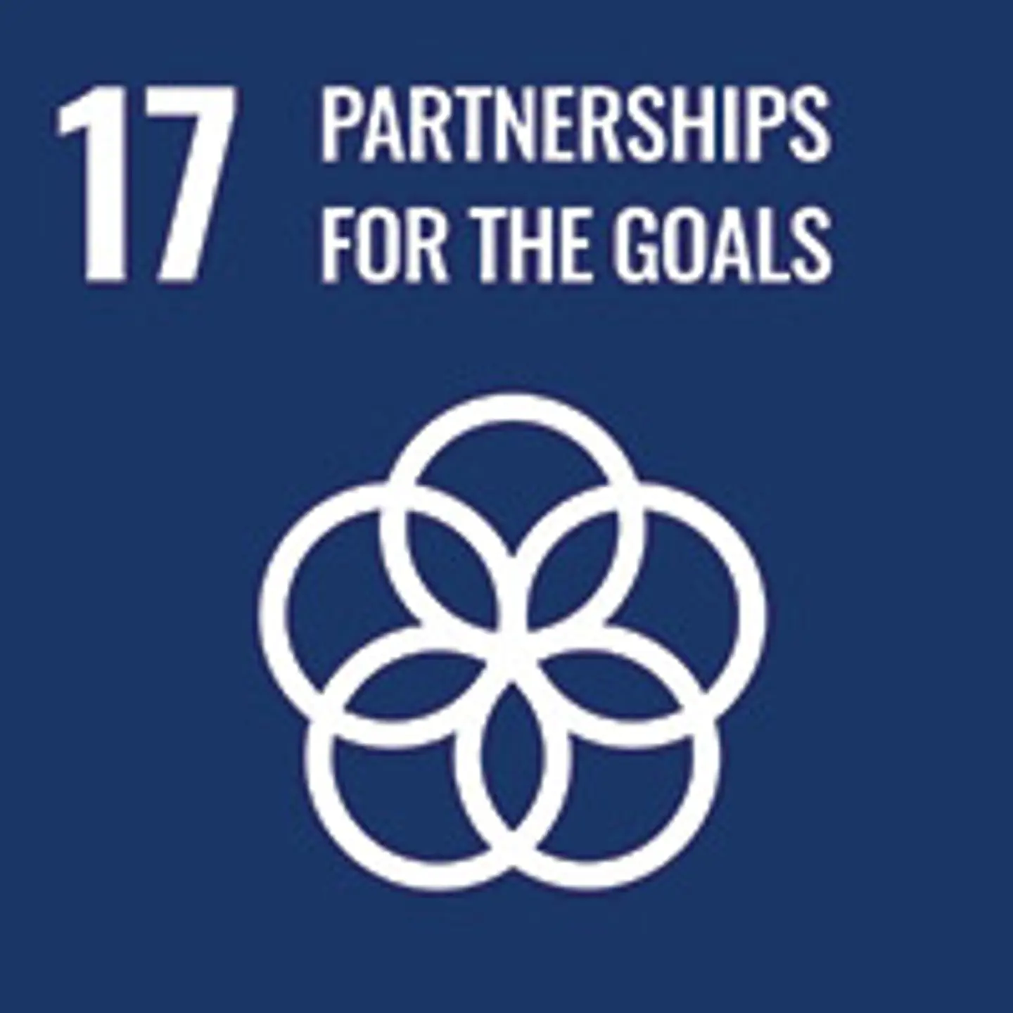 On a dark blue background, the number 17 in white in the top left corner, the text "partnership for the goals" beside, below five rings connected as a flower