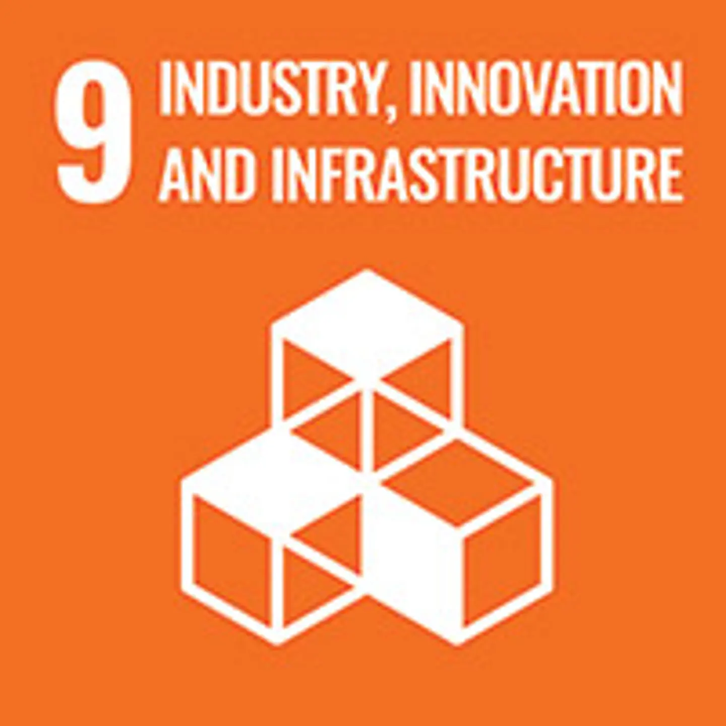 On a orange background, the number 9 in white in the top left corner, the text "industry, innovation and infrastructure" beside, below three illustrated boxes stacked on top of eachother